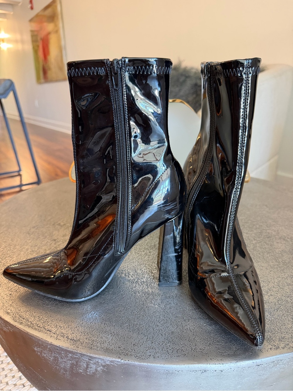 SHEIN Black Patent Pointed-Toe Ankle Boots with Block Heel